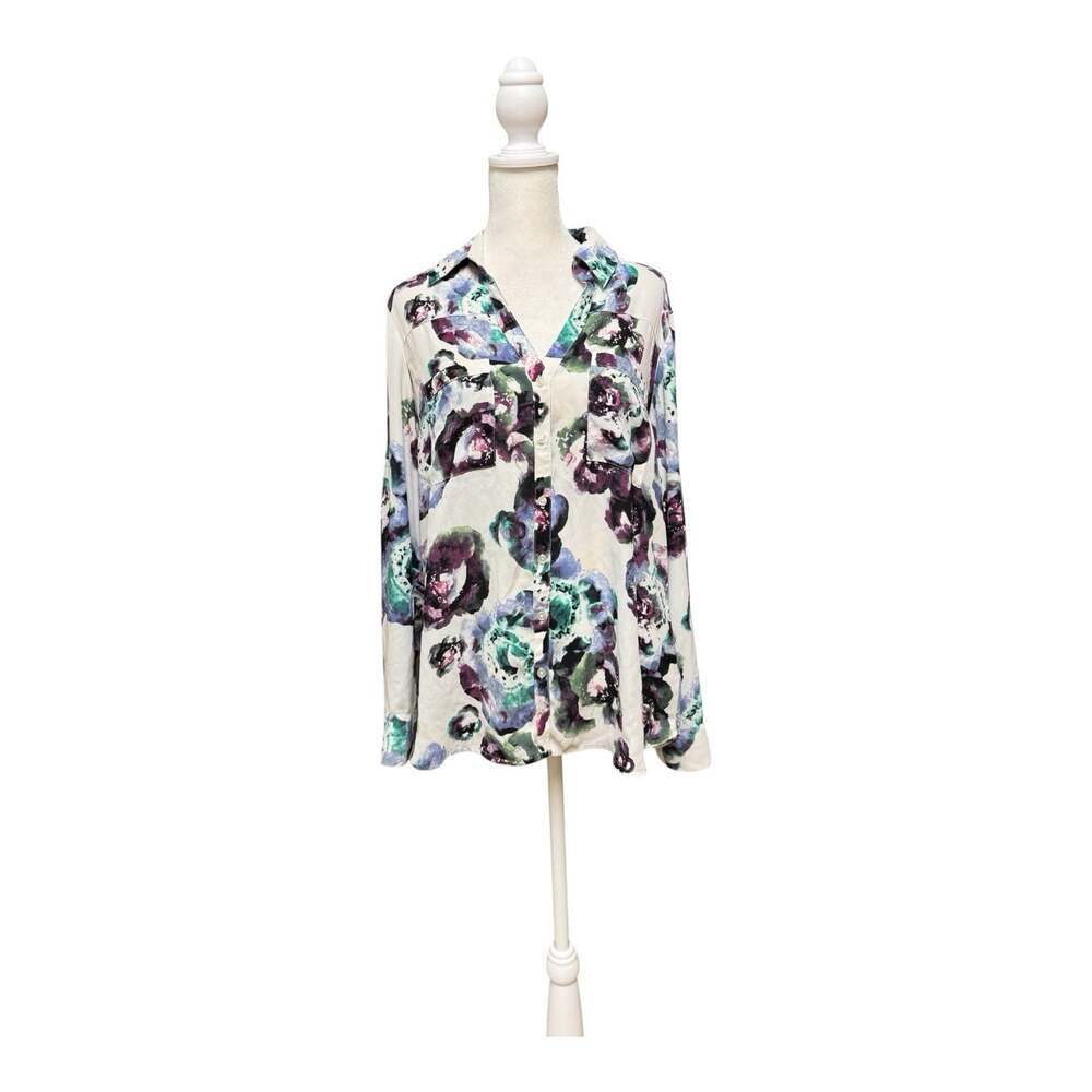 Express Floral Button Front Blouse Shirt Size Large Roll Tab Sleeve